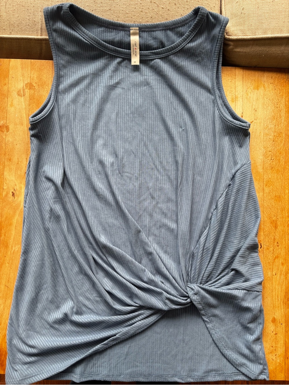 Cut & Sew Los Angeles Ribbed Twist Front Sleeveless Tank Top Blue Size Medium